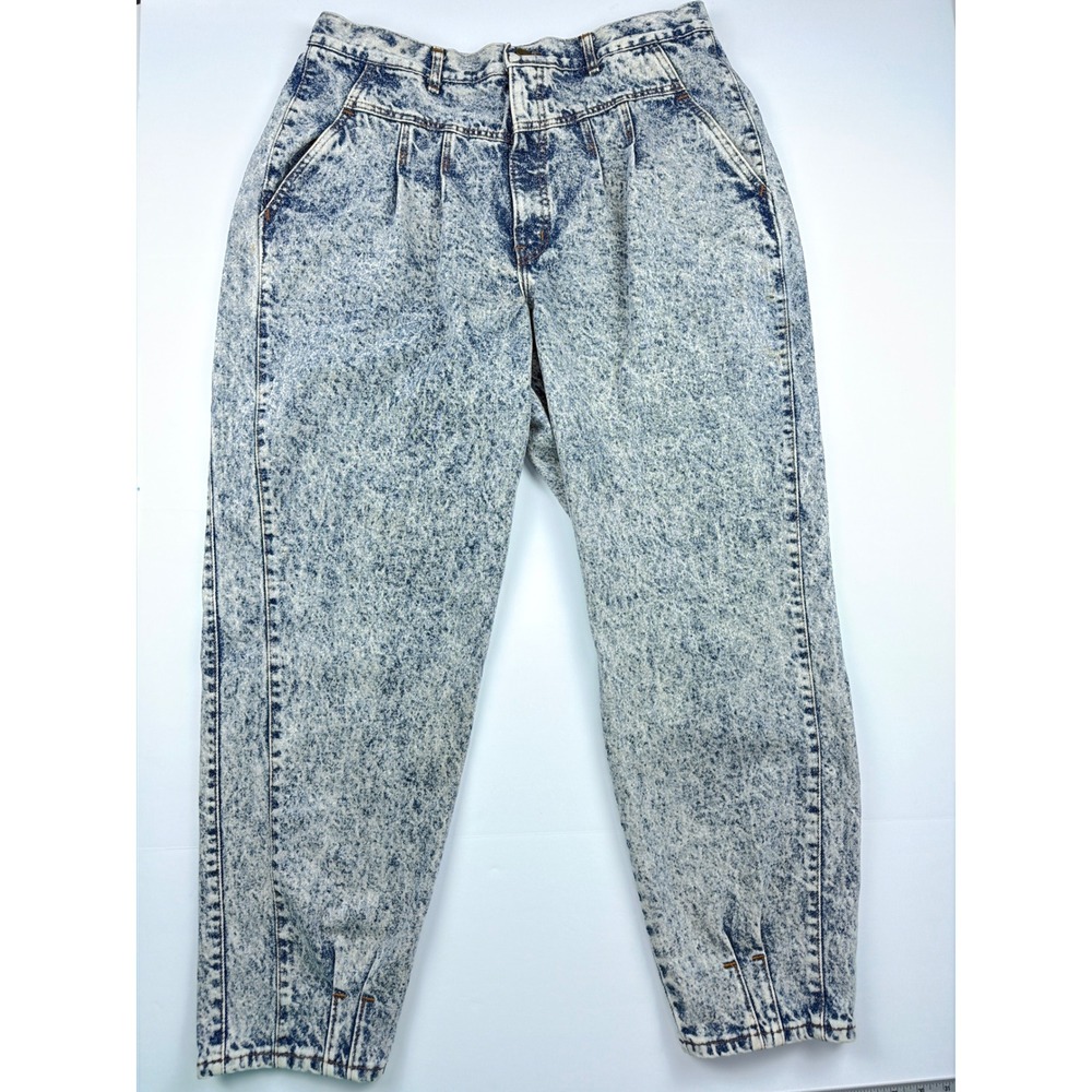 Vintage Chic High Waisted Acid Wash Pleated Mom Jeans Blue Tapered Leg 22W